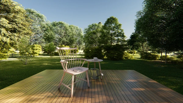 Terrasse en bois ext&eacute;rieure avec chaise design scandinave et table d'appoint, situ&eacute;e dans un parc verdoyant aux arbres matures
