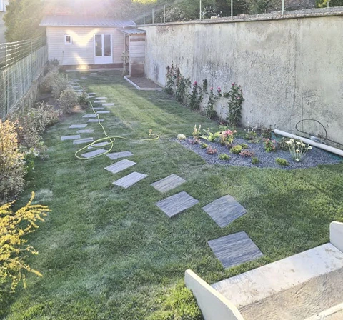 Jardin résidentiel en cours d'aménagement paysager avec allée de dalles rectangulaires en pierre naturelle traversant pelouse fraîchement semée