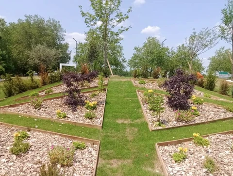 Jardin paysager extérieur avec parterres géométriques délimités par bordures en bois