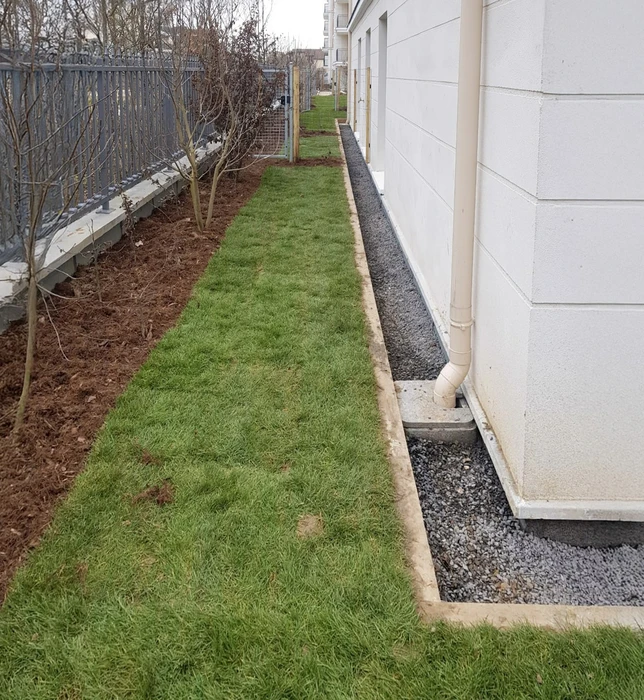 Aménagement paysager résidentiel extérieur avec pelouse fraîchement installée le long d'un bâtiment moderne