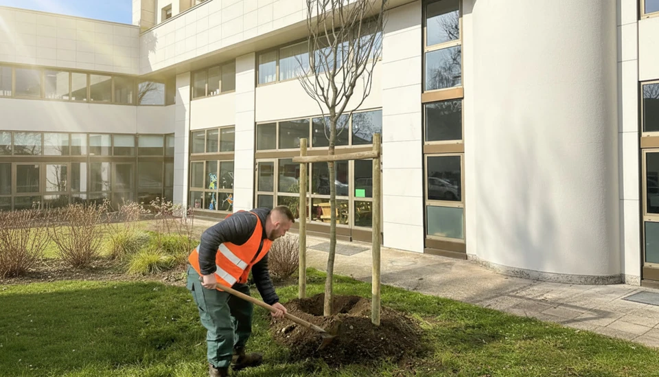 Chantier ext&eacute;rieur d'am&eacute;nagement paysager avec pelleteuse orange effectuant des travaux de terrassement