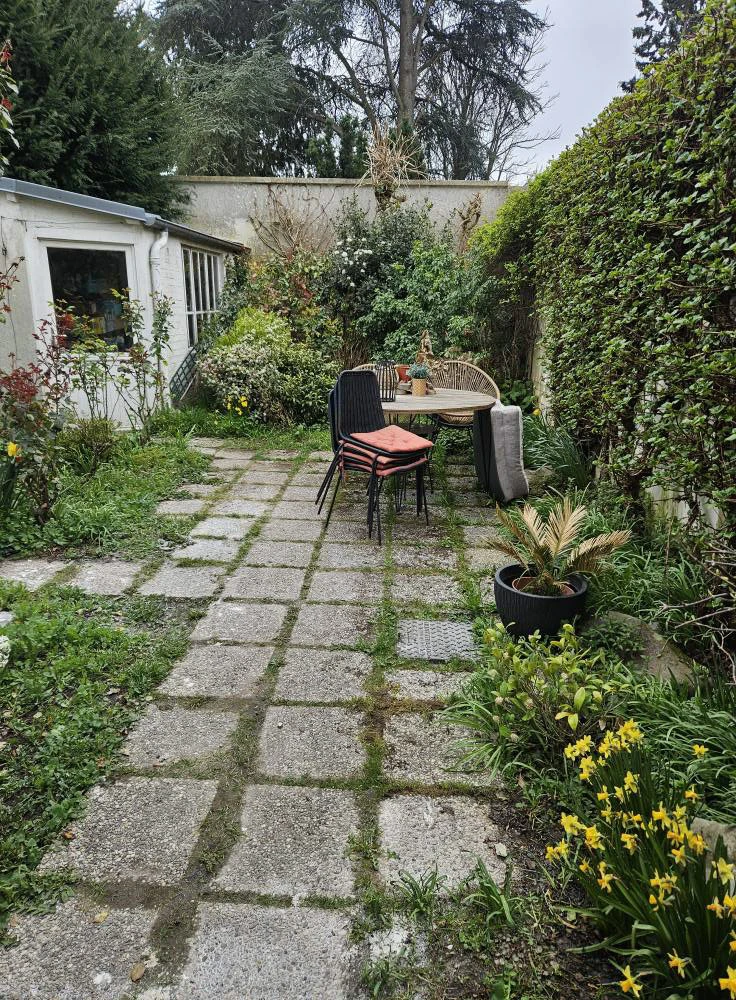 Espace extérieur résidentiel avec aménagement paysager récent