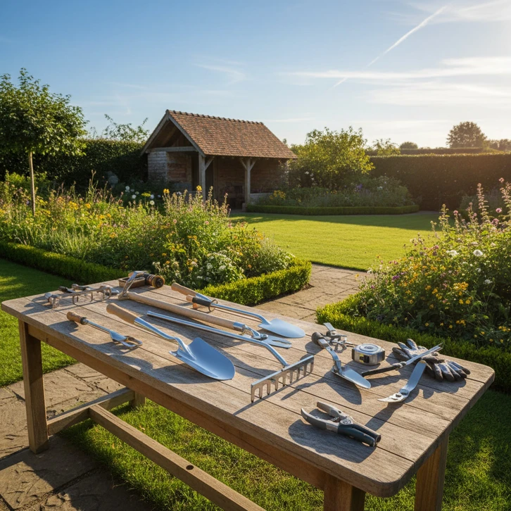 Arrangement d'outils de jardinage sur surface beige claire avec arrosoir orange, bêche noire, serfouette, gants de protection orange et noir, pots de tourbe biodégradables, ficelle naturelle et graines diverses